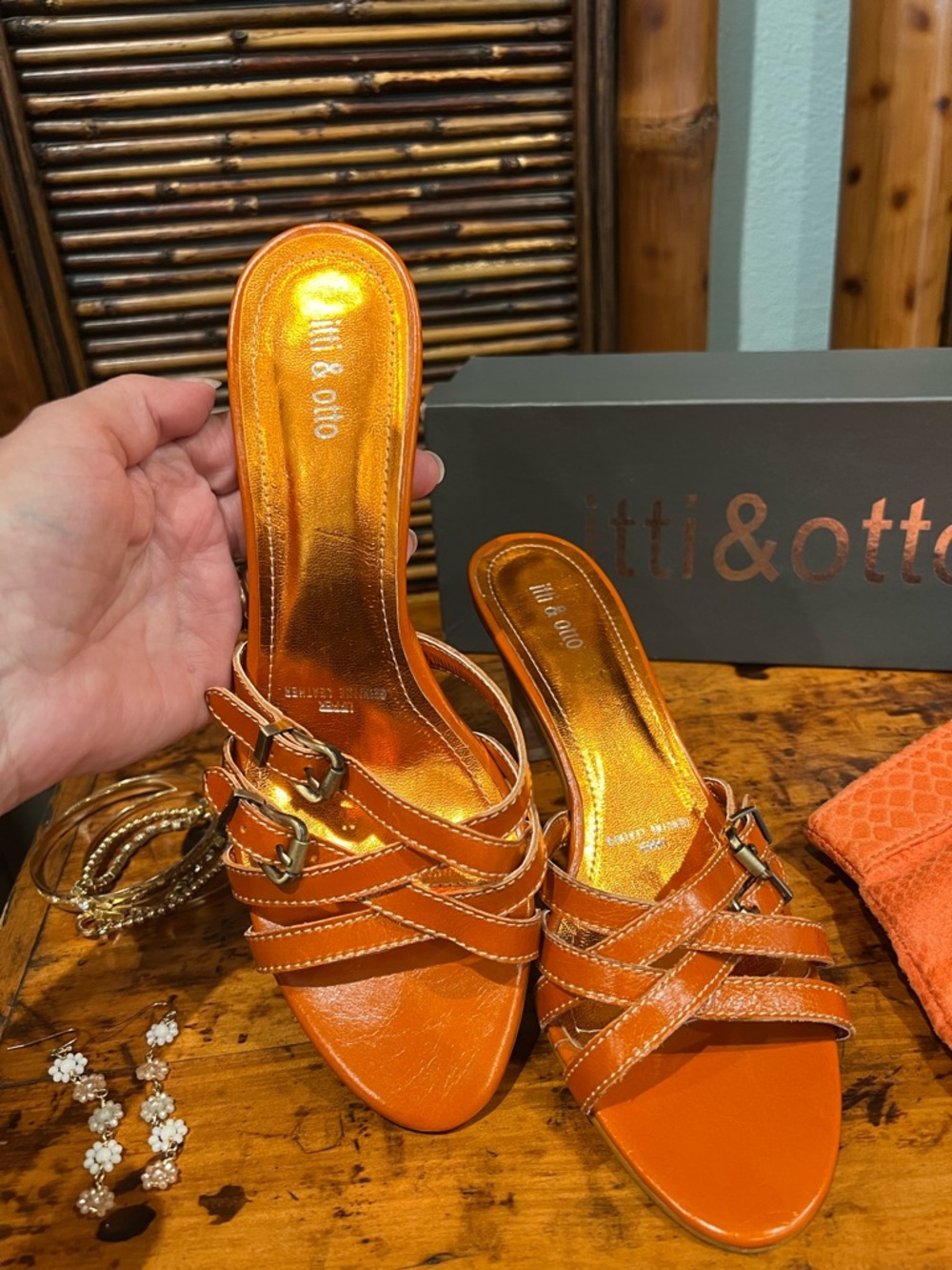 Itti & Otto Y2K Orange Leather Strappy Heeled Sandals Size 39